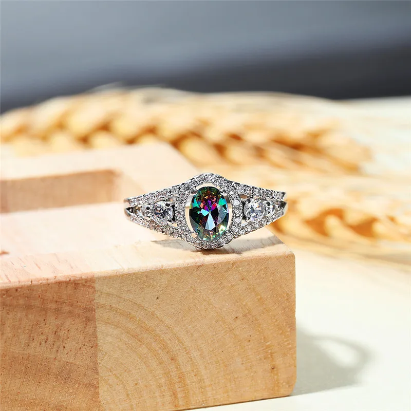Очаровательное женское кольцо с кристаллами и радужным камнем, Boho, 925 серебро, свадебное обручальное кольцо, винтажные Свадебные кольца на палец для женщин