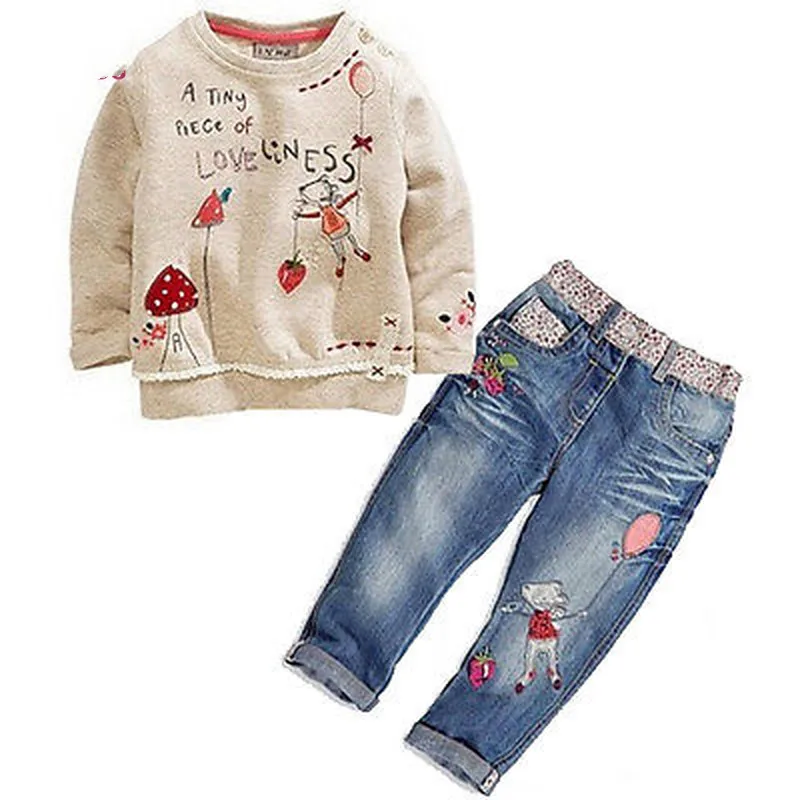 Winter 2PCS Children Toddler Kids Baby Girls Clothing Cute Cartoon Flower Printing Sweater + Jeans suit Outfit Clothes Set | Мать и