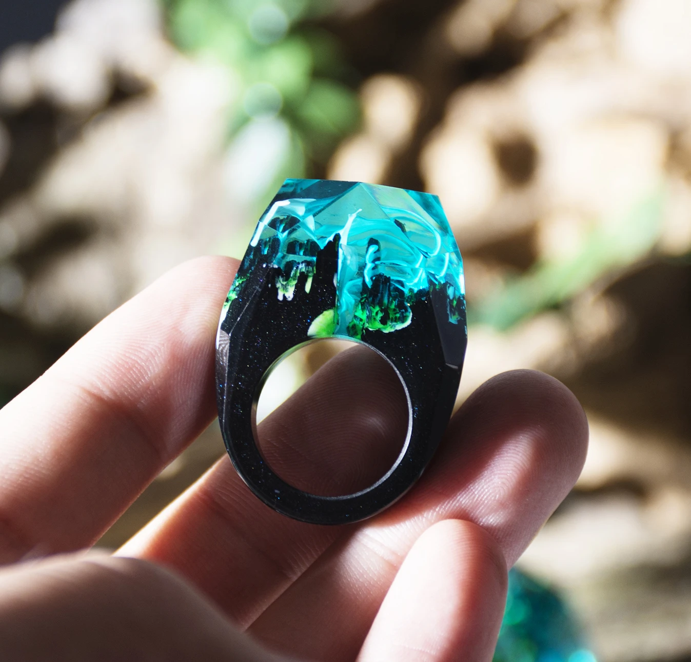 Новое волшебное деревянное кольцо из эпоксидной смолы для женщин, деревянное кольцо с цветами, ювелирное изделие, модное прямоугольное деревянное кольцо с натуральным ландшафтом, подарки