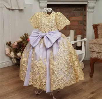 

SexeMara Gold Lace Top Puffy Gown for Baby Girls Birthday Tulle Long Length Little Girl Cloth Children Chistmas Party Dress Bow