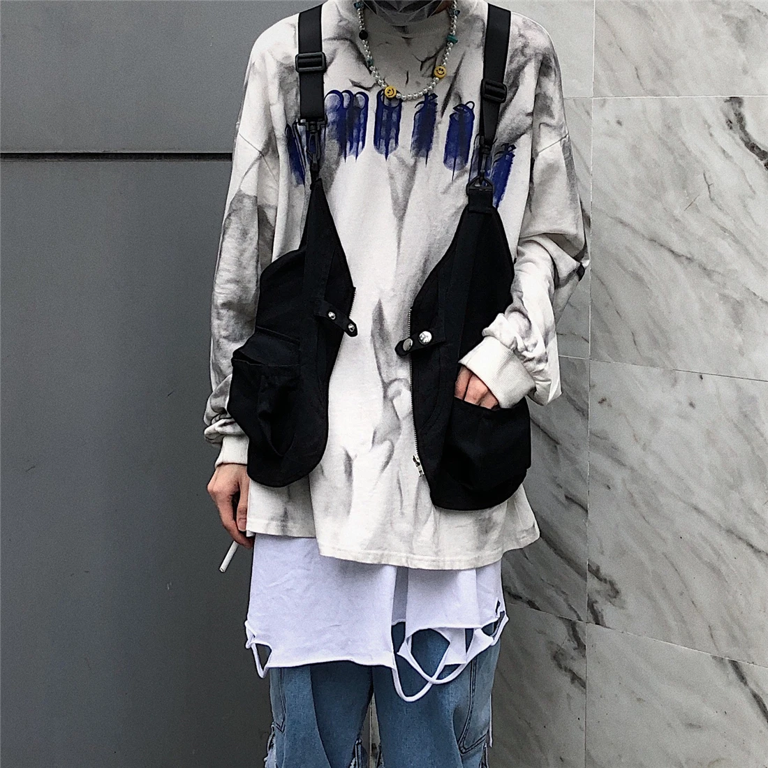 Новая нагрудная сумка мужская функциональная жилетка корейский Harajuku уличный стиль Большая вместительная сумка через плечо для женщин Черная Хлопковая сумка-мессенджер