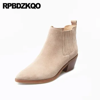 

Slip On Pointed Toe Chelsea Big Brand Suede Autumn British Women Ankle Boots Medium Heel Booties Shoes Chunky Genuine Leather