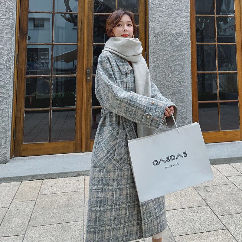 

Photo Shoot Debutante Graceful Plaid Woolen Coat Women's Mid-length over-the-Knee 2020 Winter Woolen Overcoat of Waist Hugging