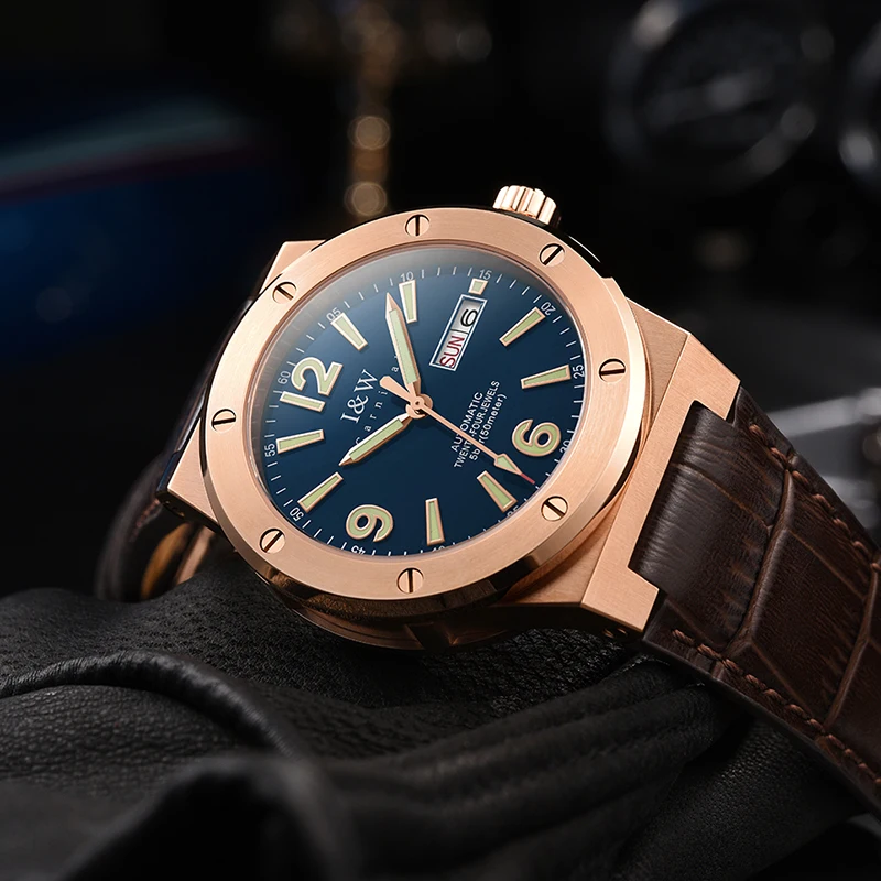 5Bar Orologio Da Uomo Svizzera I & W Orologi Da Polso Meccanici Da Uomo In Oro Rosa Calendario Zaffiro Luminoso Seiko Nh36A Movimento Relogio