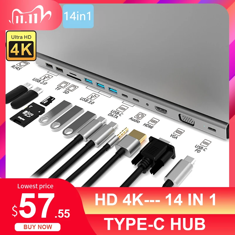 

USB Type C Hub Type-C To HDMI 4K VGA Docking RJ45 Lan Ethernet SD TF USB-C 3.0 Type-C 3.5mm Audio Video for MacBook Pro OTG