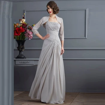 

Graceful A Line Silver Chiffon Two Pieces Mother of the Bride Dresses With Jacket One Shoulder Applique Wedding Party Gowns
