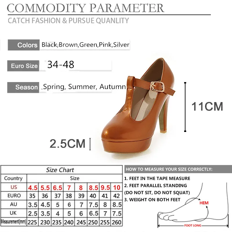 BYQDY/модные женские туфли на высоком каблуке; женские пикантные туфли-лодочки на платформе с круглым носком и Т-образным ремешком; женская обувь из органической кожи; обувь для девушек; большие размеры 34-48