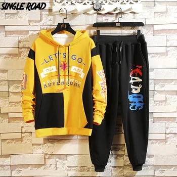 

SingleRoad Mens Tracksuit Men Sets 2020 Yellow Hoodie Japanese Streetwear Long Sleeve Sportswear Hip Hop Patchwork 2 Pieces Set