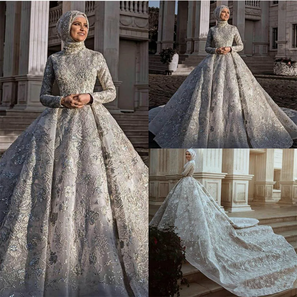 

Luxury Muslim Wedding Dresses Floral Appliqued A Line Jewel Neck Country Wedding Dress Custom Made Sweep Train Vestidos De Novia