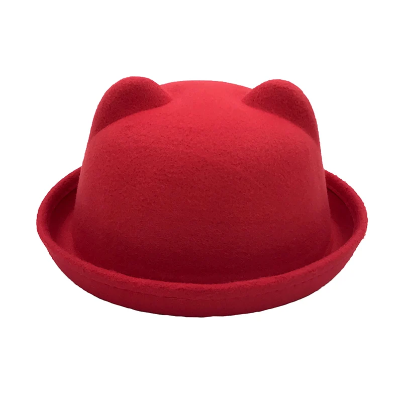 

Spring and Autumn Fashion Boys and Girls Fedora Dolls Kittens Ears Wool Felt Hat Dress Children Hat Solid Color Hot Sale