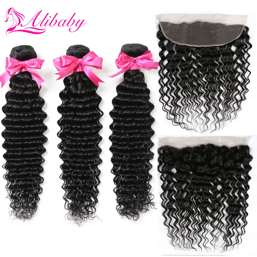 

Alibaby Indian Hair 3 Bundles With Frontal Deep Curly Bundles With Frontal Non Remy 100% Human Hair Natural Color Weave Hair