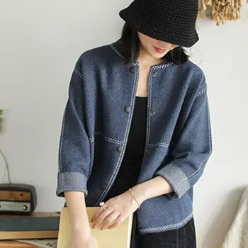

Women Cotton Knitted Fall Winter Sweaters Casual Top Coat Long Sleeve Cardigans Solid Single Breasted Vintage Sweaters
