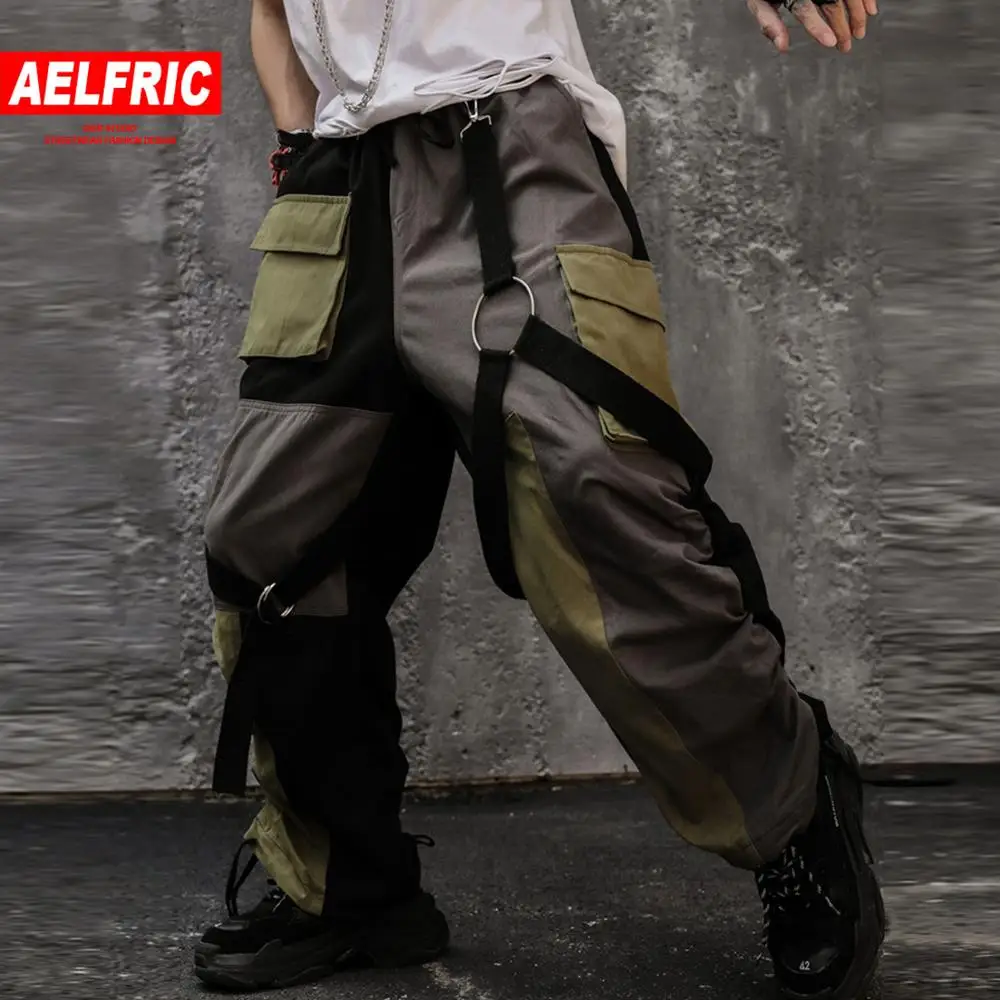 AELFRIC Лоскутные карманы ленты мужские шаровары карго 2019 мода харадзюку
