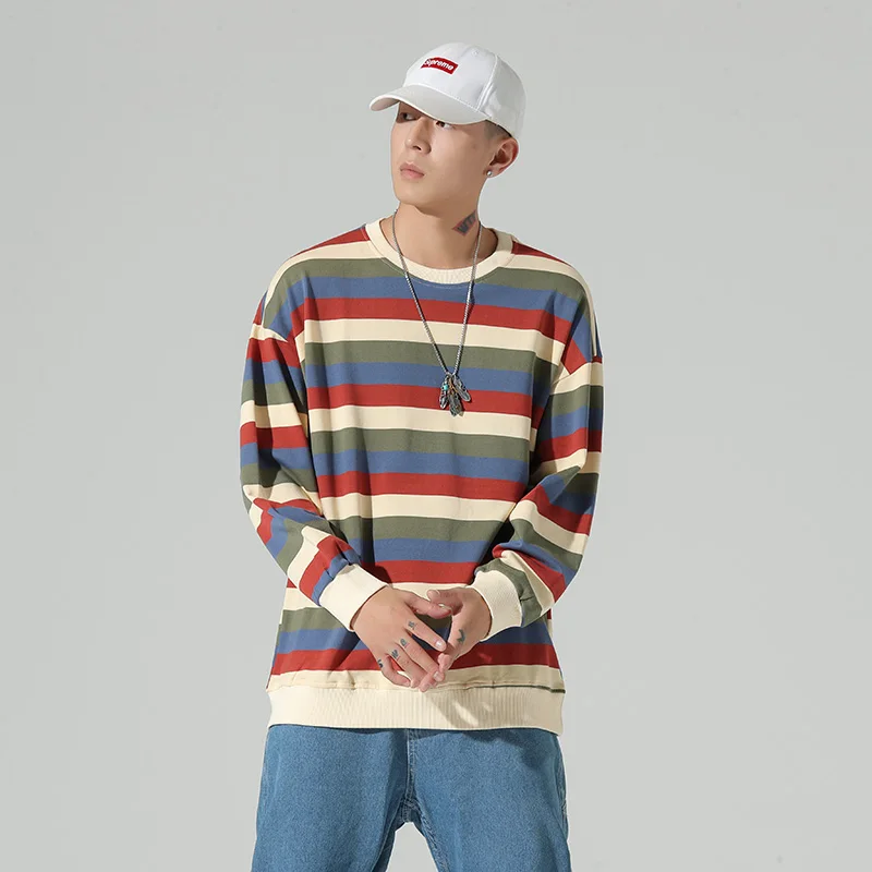 

Thin Sweatshirt Men's Casual Hoodies Japanese Pullovers Spring New Striped Sweatshirts Mens Clothing Couple Tops