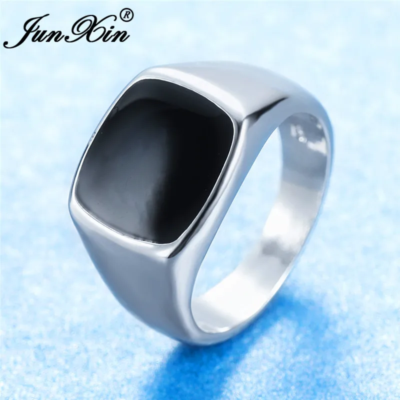 Vintage Mens Black Stone Geometric Rings For Men White Gold Yellow Gold Color Big Wedding Bands Male Engagement Party Jewelry