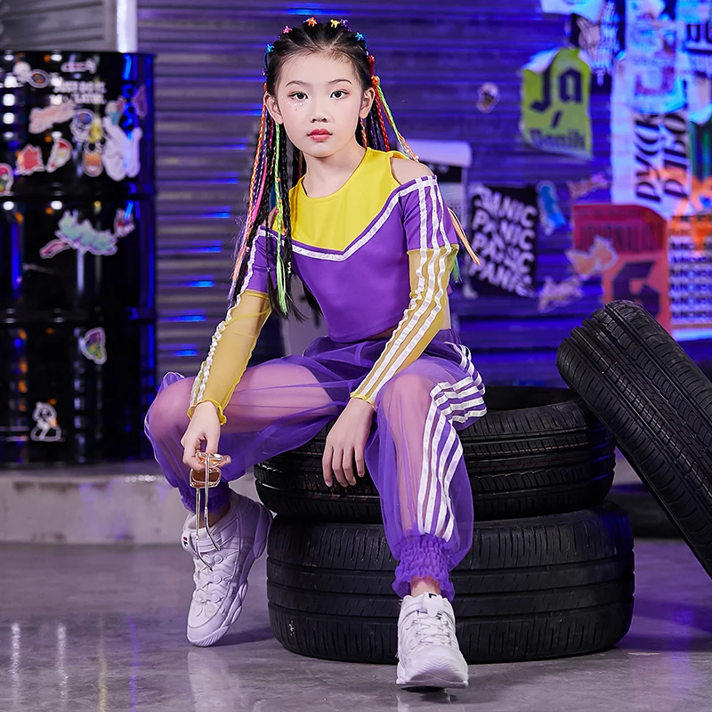 Детские костюмы для джазовых танцев, рубашка с длинными рукавами сетчатые штаны костюм для уличных танцев для девочек Корейская версия одежды в стиле хип-хоп одежда DL4851