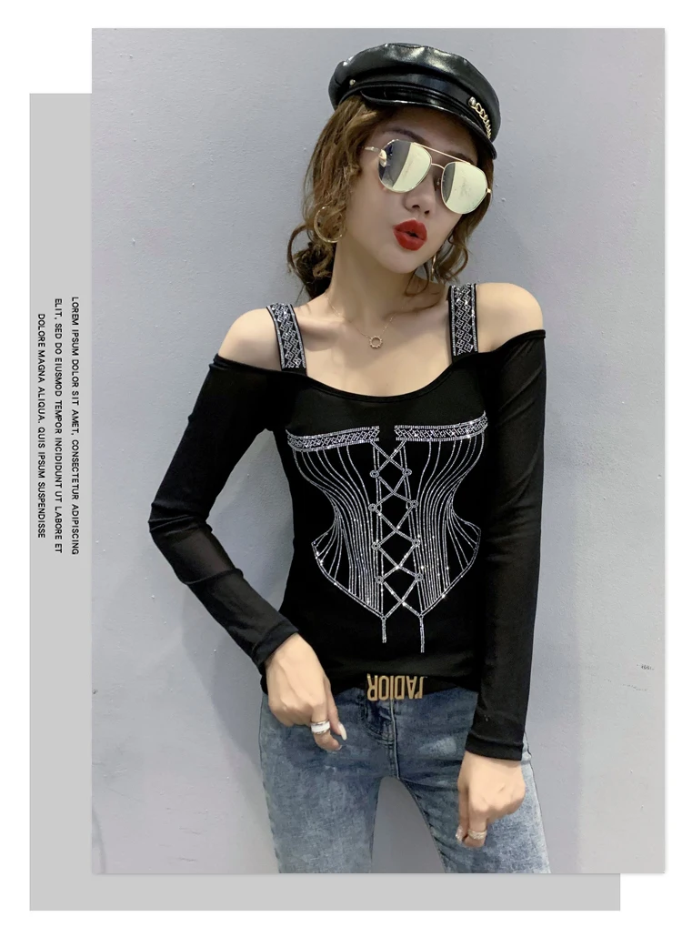 2020 Autumn new woman tshirts Fashion sexy off the shoulder women t-shirt long sleeve Hot drilling plus size women clothing