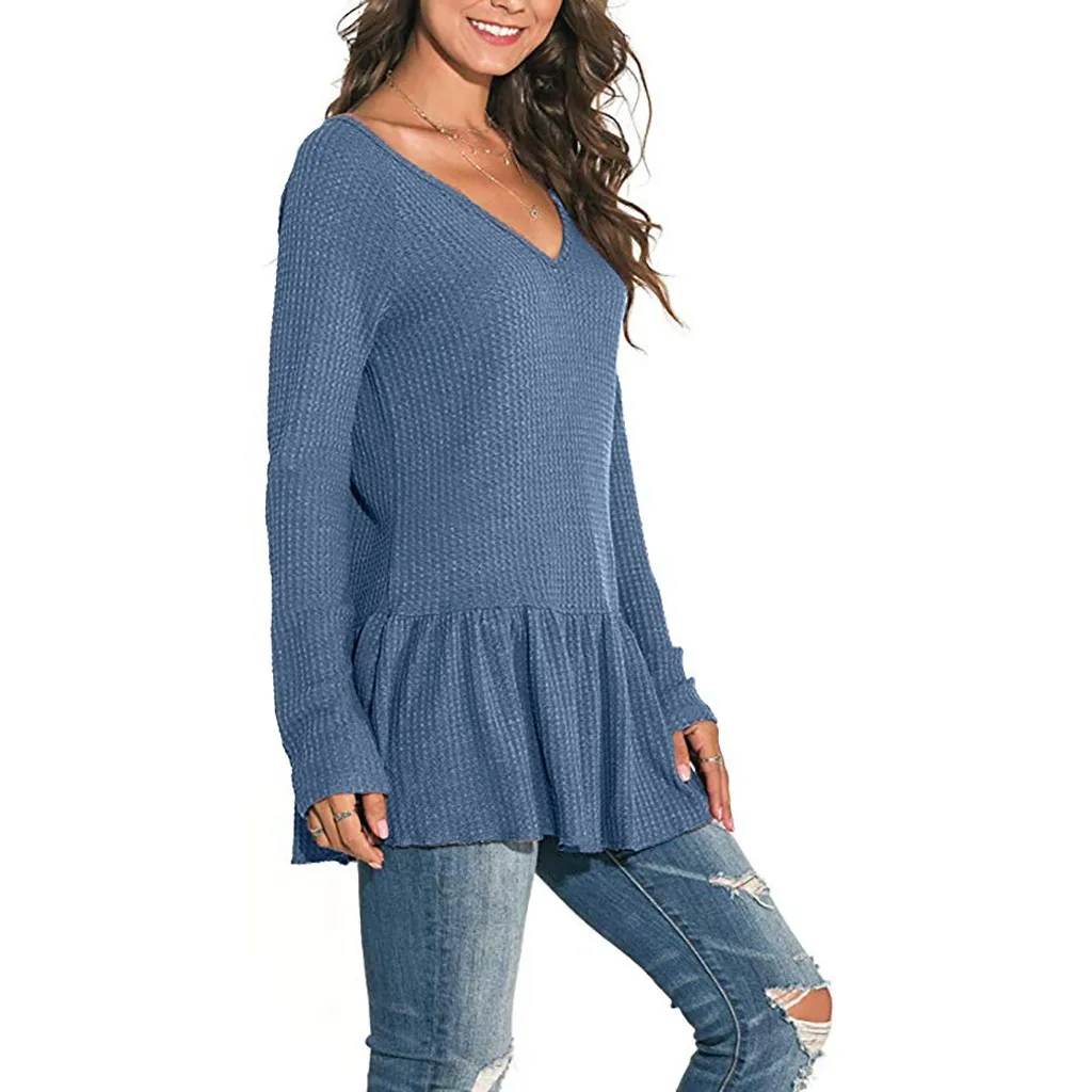 Poleras mujer de moda camiseta mujer Футболка женская Повседневная Однотонная футболка с длинным рукавом и v-образным вырезом Топы с оборками женская футболка