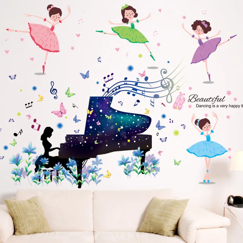 

Ballet Girl Dancers Wall Stickers PVC DIY Cartoon Piano Player Mural Decals for Kids Room Baby Bedroom Decoration