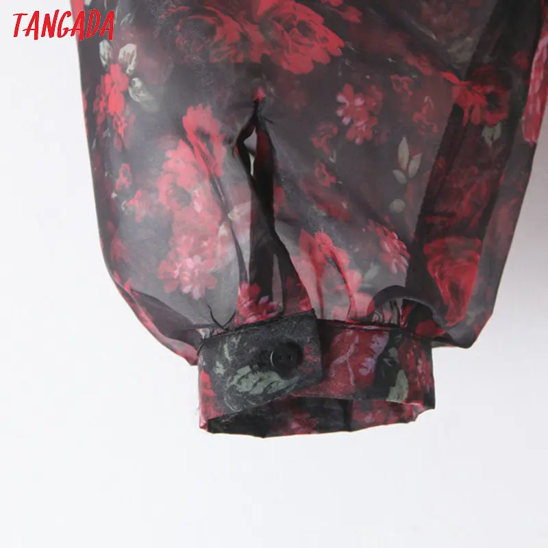 Tangada, Женская сетчатая блузка с принтом розы, короткий стиль, длинный рукав, шикарная Женская Сексуальная рубашка, blusas femininas SL178