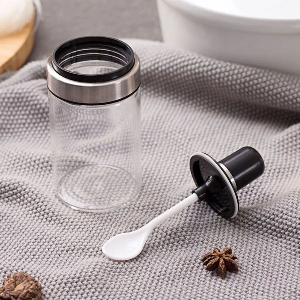 Glass Spice Pots Dustproof Household Seasoning Jar Condiment Container With Spoon Lid Sealed Storage Bottle Kitchen Transparent