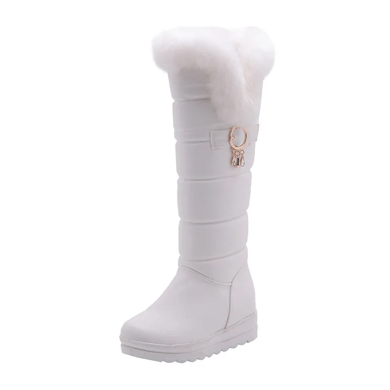 Белый MoonMeek Big size 33-42 winter keep warm snow boots flat heel round toe ladies shoes soft pu leather knee high boots women - Цвет: Белый