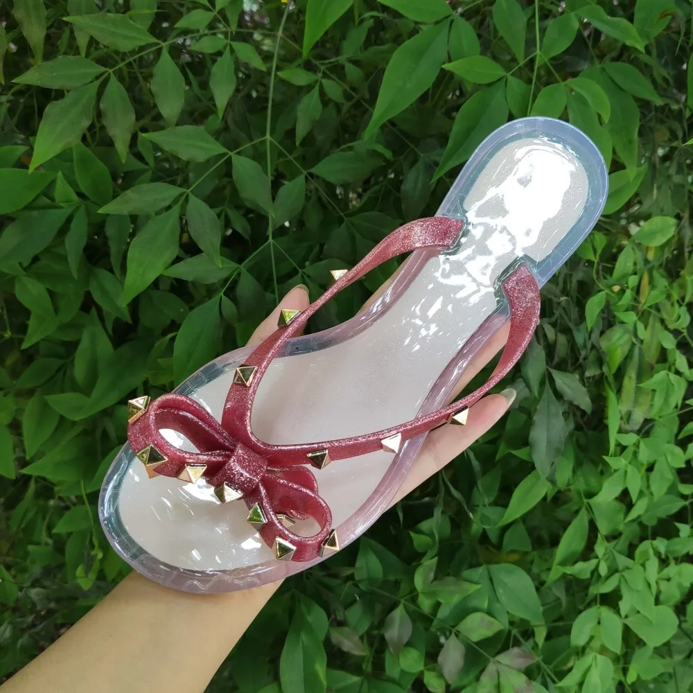 Summer Beach Sandals Woman Flip Flops PVC Slides Female Sandals Rivet Bowknot Slip on Flat with Women Studs Slippers Jelly Shoes