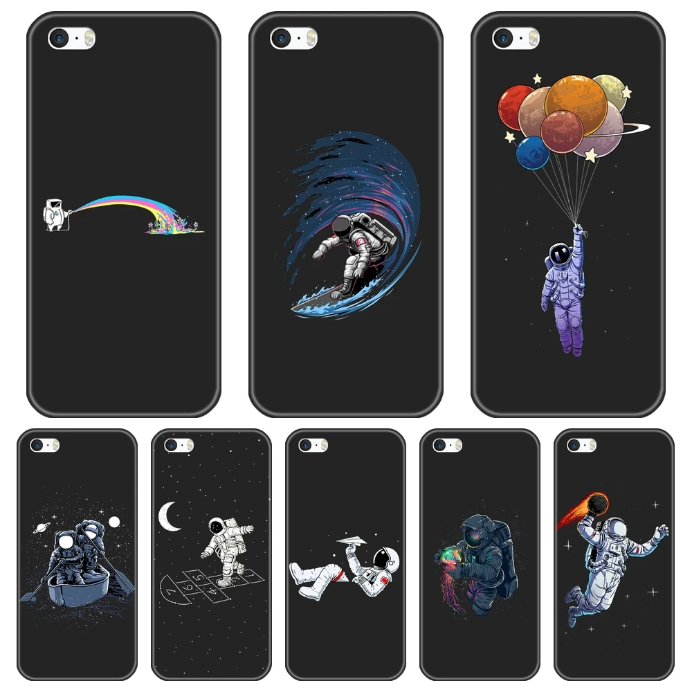 Phone Case For iPhone 5 S 5C 5S SE Silicone Astronaut Space Funny Star Moon Cool Black Back Cover Apple 4 4S | Мобильные телефоны и