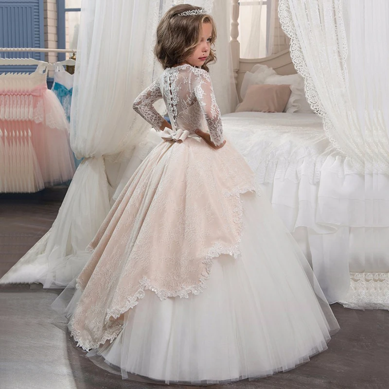 Petit Camelia/платье для свадебной вечеринки; платье принцессы с длинными рукавами для девочек; Детские платья-пачки с бантом для девочек; От 4 до 9 лет
