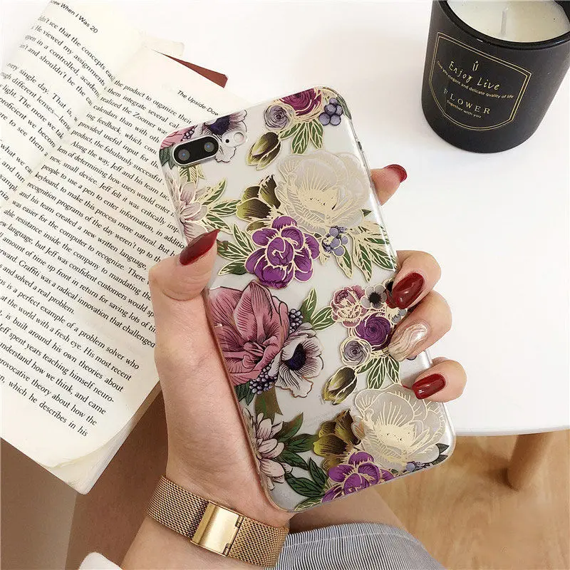

Gold Bronzing Rose Flower Leaf Phone Case For iPhone 11 11 Pro Max XR XS Max X 8 7 6 6S Plus Retro Clear Soft IMD Back Cover