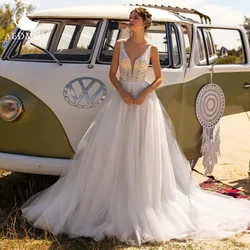 Aedmgh A-Line Beach Wedding Dresses 2021 V-Neck Sleeveless Robe De Mariee Appliques Tulle Boho Custom Made Vestido De Novia