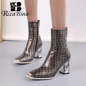 

RIZABINA Women Shoes Ankle Boots Square Toe Thick High Heel Zipper Colorful Crystal Stone Pattern Female Footwear Size 34-48