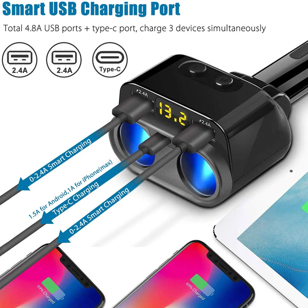 Двойной USB Разъем Автомобильный ЖК-прикуриватель сплиттер Тип C зарядное устройство адаптер питания DQ-Drop