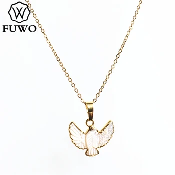 

FUWO Natural Seashell Peace Pigeon Necklace with Gold Trimmed Hand Sculpted White Dove Pendant Necklace Beach Jewelry NC523