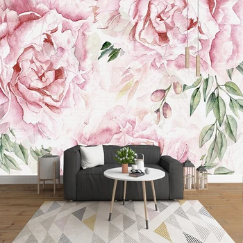 

Custom Any Size Mural Wallpaper Nordic Hand Painted Floral Pink Romantic Home Decor Living Room Bedroom Papel De Parede Frescoes