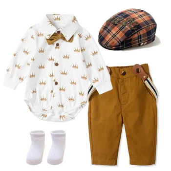 Completo per neonato in cotone completo pagliaccetto neonato bello Set corona bianca tuta + pantaloni con cinturino Costume infantile