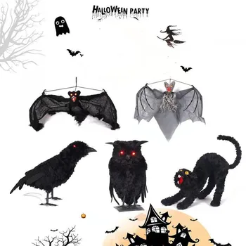 

1Pc LED Big Size Glowing Scary Realistic Feathered Owl Crow like Raven With Black Eyes for Halloween Ghost Festival Decoration