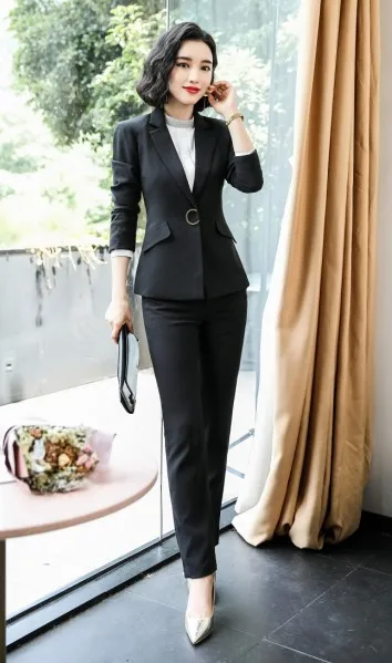Профессиональный foraml брюки костюмы для женщин Мода темперамент с длинным рукавом Тонкий Блейзер и брюки офисный бизнес для женщин Рабочая одежда - Цвет: Black coat and pants