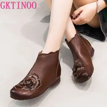 

GKTINOO Genuine Leather Shoes Women Boots 2020 Autumn Winter Vintage Handmade Ankle Boots Soft Casual Flat Heels Shoes Woman