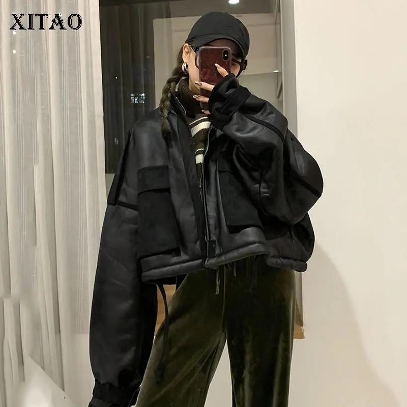 XITAO Ретро стиль модная искусственная кожа 2019 зимнее с карманами длинный рукав