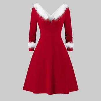 

2020 Women's Fashion Christmas Artificial Plush Panel Long Sleeve V-Neck Knit Irregular Party Banquet Dress Dress vestidos
