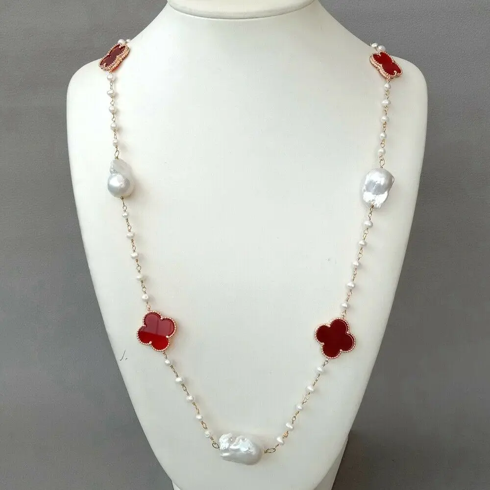 

40" Cultured White Keshi Pearl Red Stone Long Chain Necklace