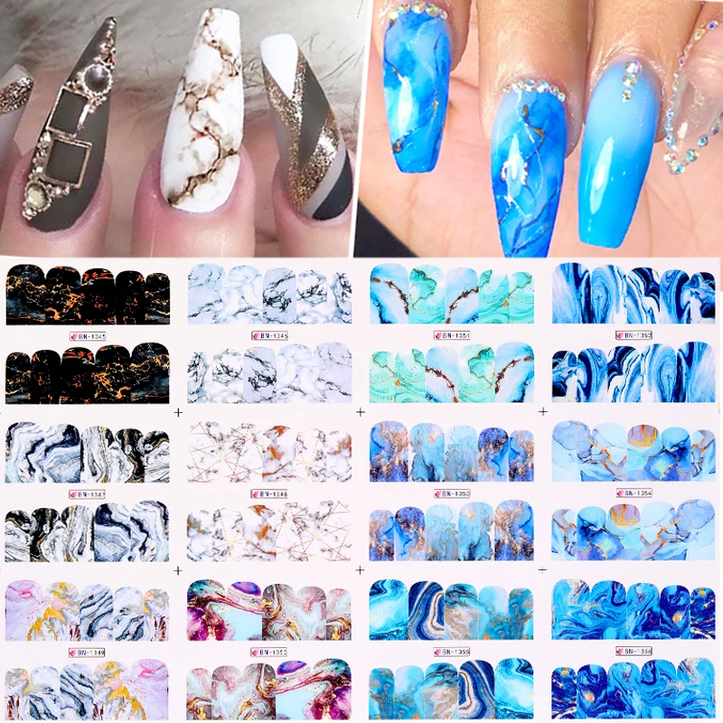 12pcs Gradient Marble Water Nail Stickers Flower Letter Leopard Cartoons Sliders For Nails Transfer Decals Decoration | Красота и