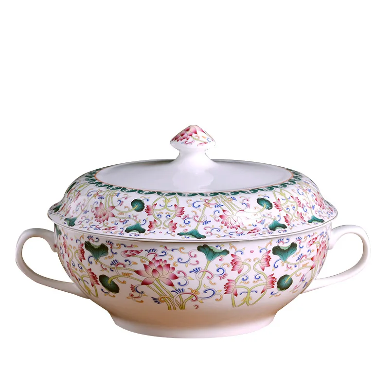 Jingdezhen Ceramic Powder Color Soup Bowl With Lid And Ear Not Hot Soup