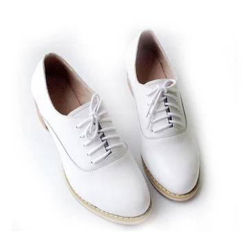 

High-quality White Women's Shoes Thick Heel Casual Single Shoes Genuine Leather Lace Up Oxfords Leather Shoes Large Yard 43