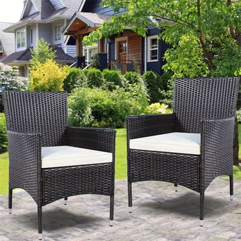 

Set of 2 Rattan Patio Cushioned Chairs Outdoor Garden Yard Furniture Strong Iron and PE Rattan Coffee Chairs