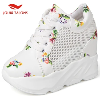 

2020 Air Mesh Print White Black Shoelace Spring Summer Height Increasing Women Shoes Woman High Heels