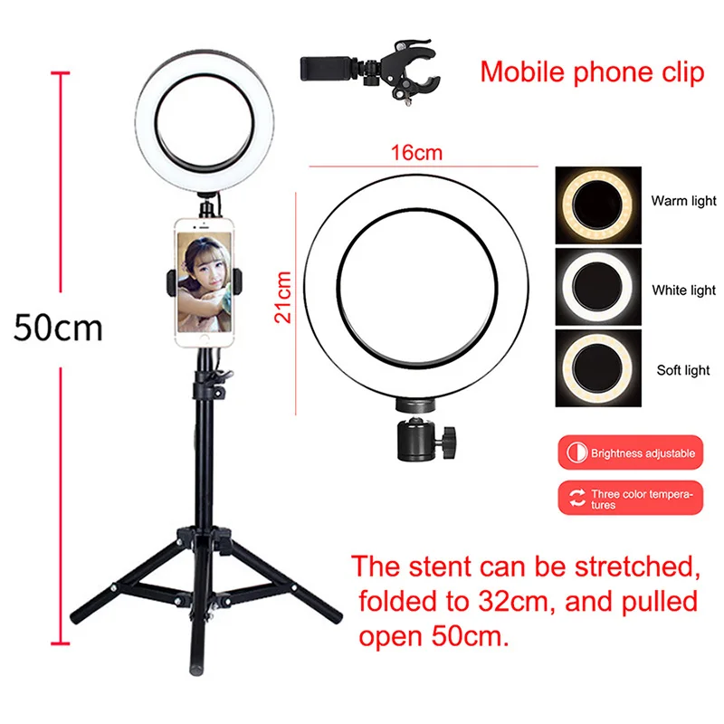 Затемняемый Светодиодный кольцевой светильник 16 см 5 Вт фотостудия камера кольцевая лампа заполняющая свет для видео Live Youtube макияж селфи с штативом - Цвет: 50cm tripod kit