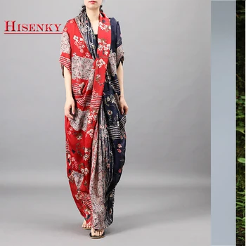 

Hisenky 2019 Summer Women's Silk Floral Print Dresses Patchwork Chest Cross Slips & Dresses Two-pieces Ethnic Long Robe Vestidos