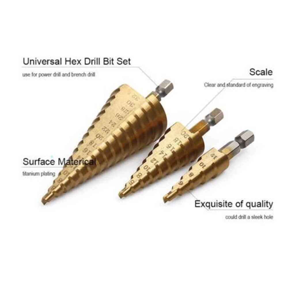3Pcs Hex Shank HSS Titanium Coated Step Drill Bit Set 4-12/4-20/4-32mm